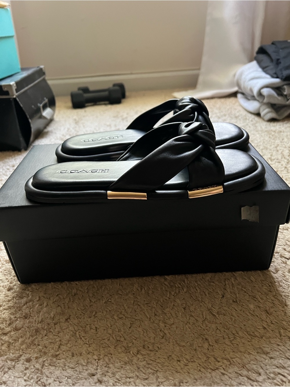 Coach Black Knotted Slide Sandals with Gold Trim